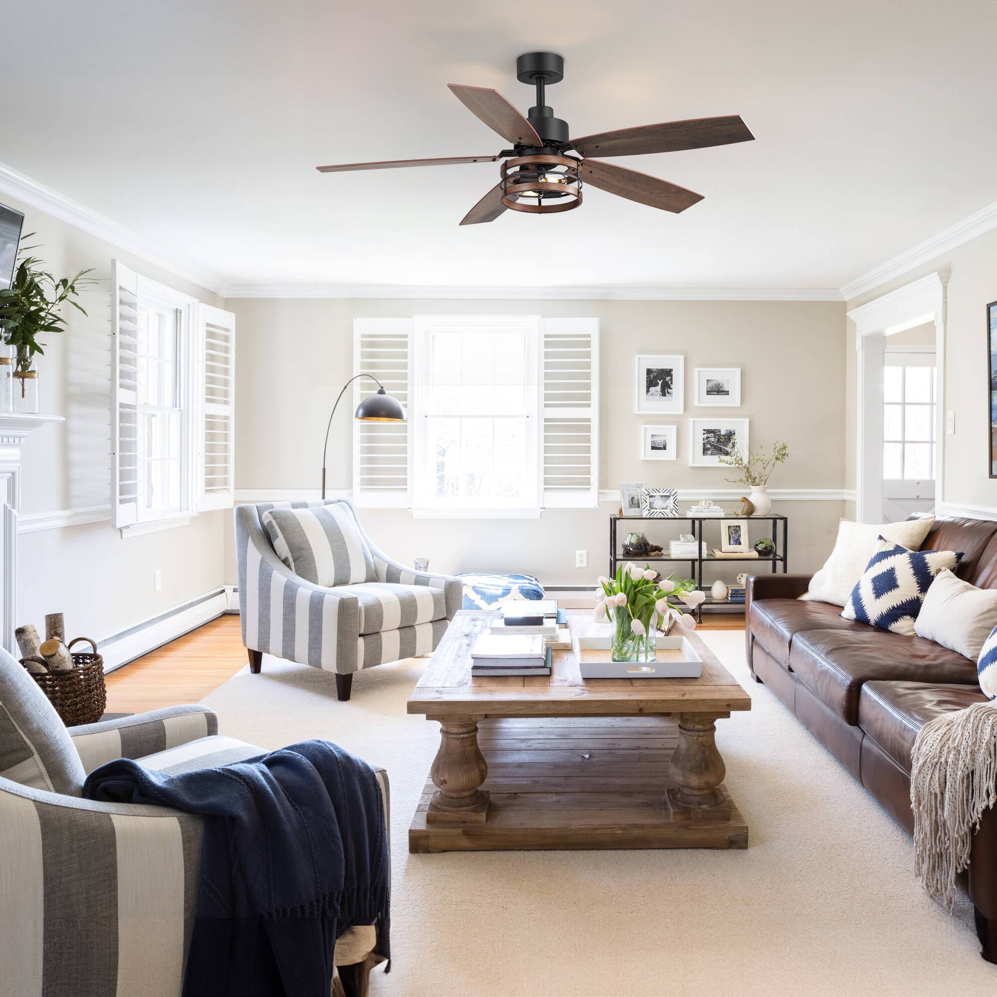 Back. Breezary - 52'' Walnut Wood Indoor Ceiling Fan with Two-Tier Iron-Ring Lantern Shade, Timer, DC Motor, Remote & 6″ Downrod - Matte Black and Brown.