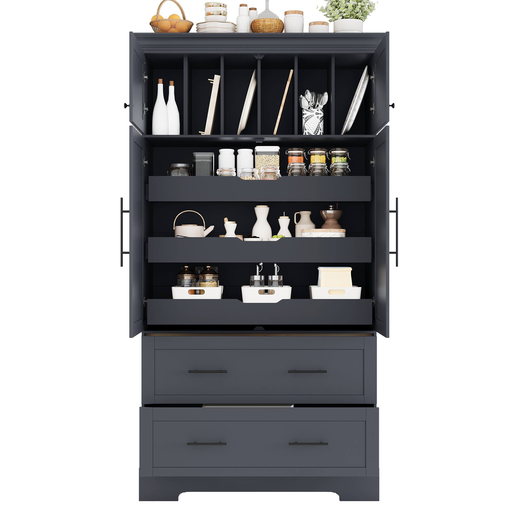 Alt View 6. Forest'nSky - 72.6" Farmhouse Kitchen Pantry, 40" Wide with Pull-Out Trays & Cake Pan Storage Organizer, Grey - Grey.