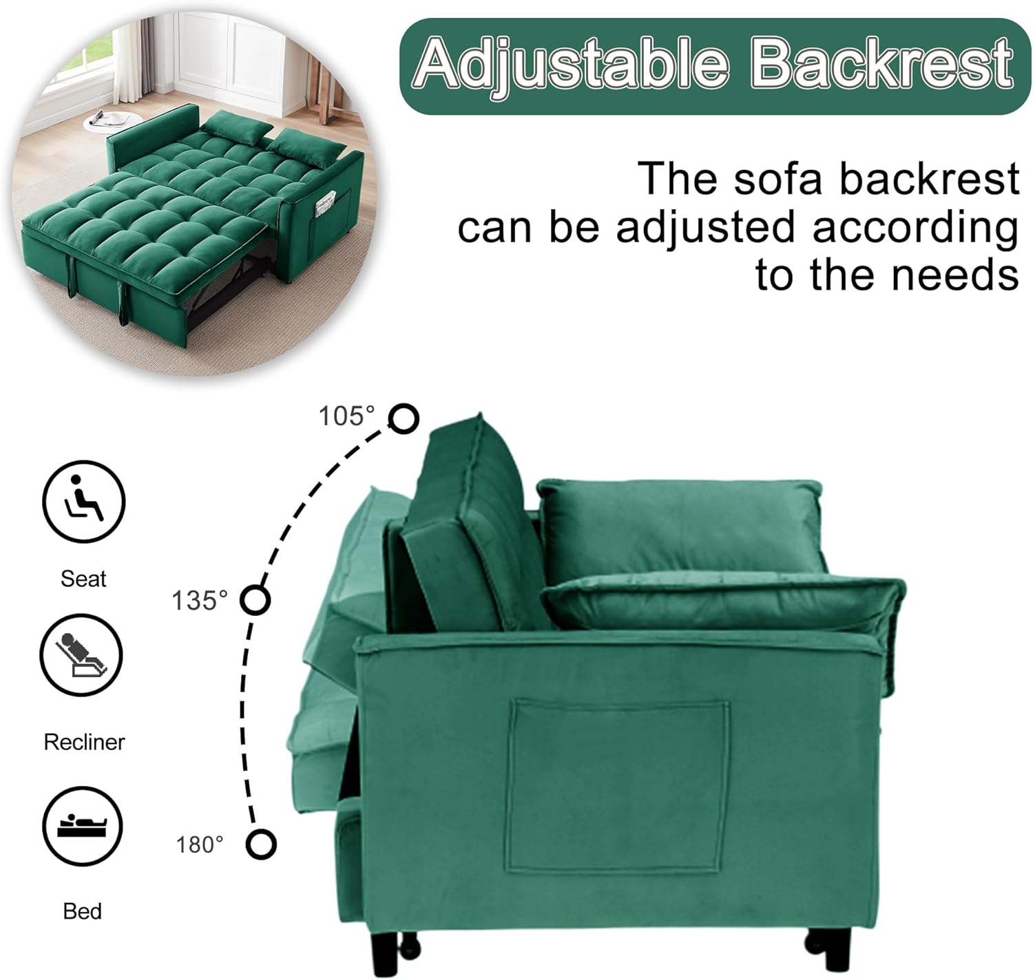 Adjustable Backrest

The sofa backrest can be adjusted according to the needs

105° Seat
135° Recliner
180° Bed
