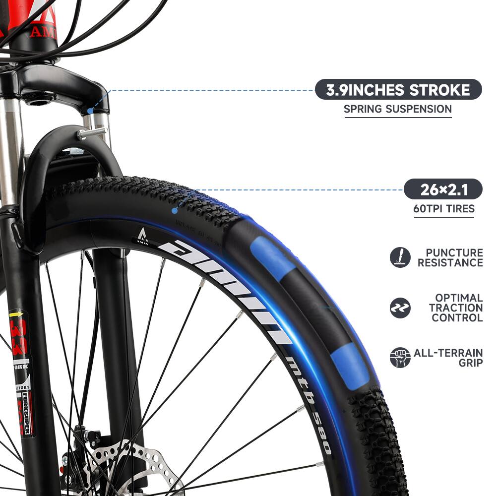 3.9 Inches Stroke  
Spring Suspension  

26x2.1  
60TPI Tires  

Puncture Resistance  
Optimal Traction Control  
All-Terrain Grip