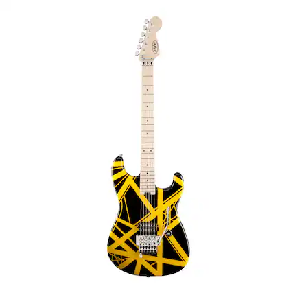 Front. EVH - EVH Striped Series 6-String Electric Guitar (Black with Yellow Stripes).