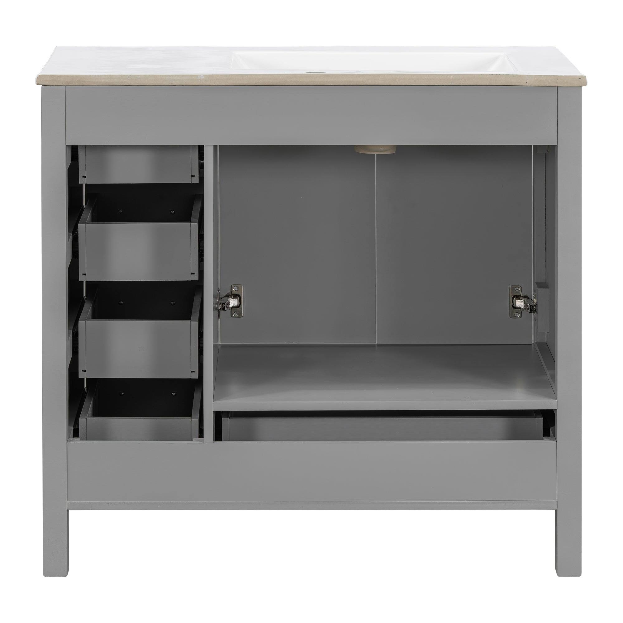 Left. Boyel Living - 36 Inch Gray Bathroom Vanity with Ceramic Sink 2 Soft Close Doors 5 Drawers Solid Wood and MDF Black Handles - Blue.