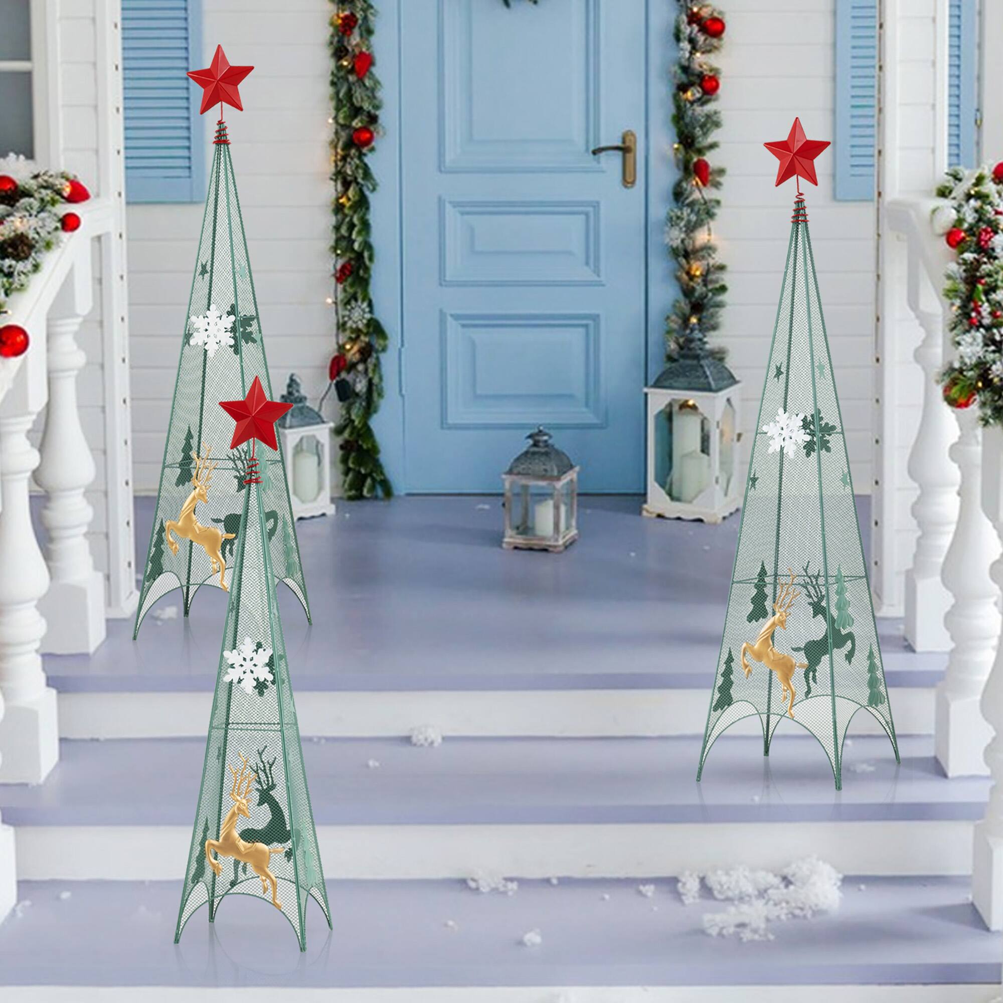 Alt View 9. Gymax - Gymax Set of 3 Tower Shaped Christmas Trees 3ft/3.5ft/4ft Artificial Xmas Metal - Green.