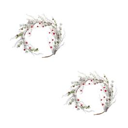 BreeBe - Snowy Flocked Twig Pine Garland with Sleigh Bells (Set of 2) - White, Red, Green