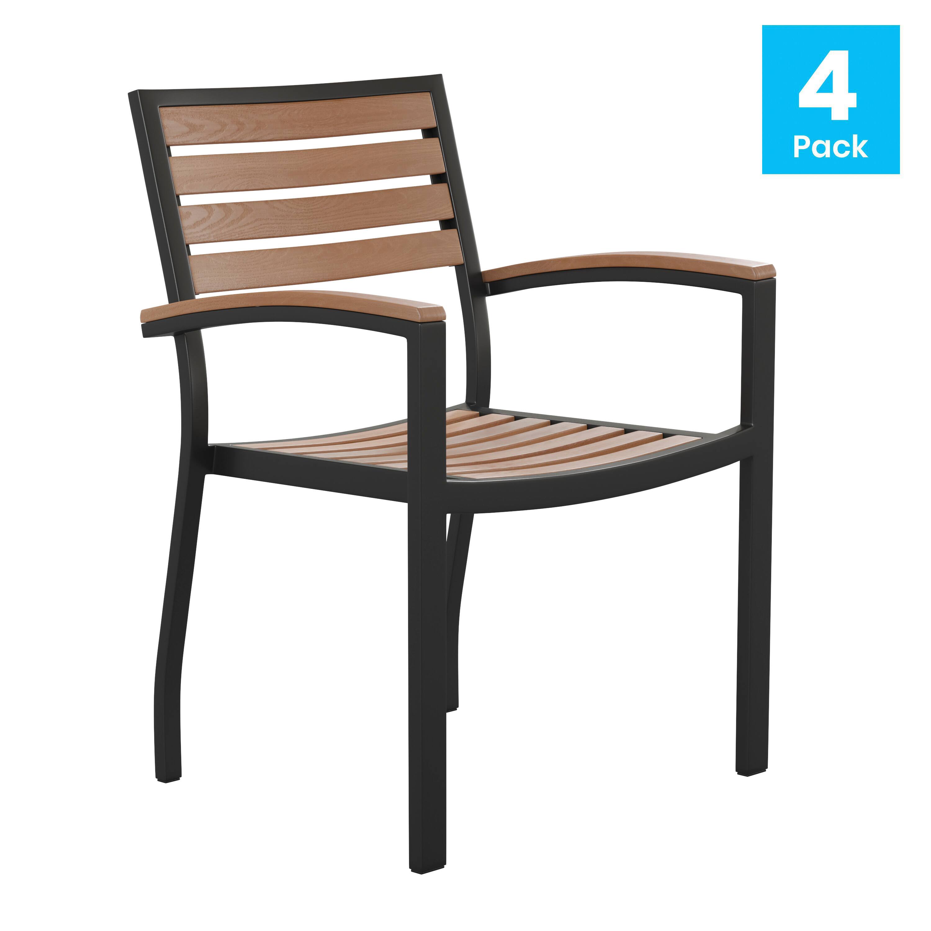 Alt View 1. Emma + Oliver - Set of 4 Stackable All-Weather Aluminum Patio Chairs with Faux Teak Slats - Teak.