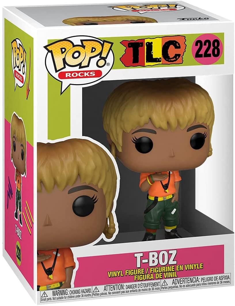 **Front:**
- POP! Rocks
- TLC 228
- T-Boz
- Vinyl Figure / Figurine en Vinyle / Figura de Vinil

**Warning:**
- WARNING: CHOKING HAZARD. Small parts. Not suitable for children under 36 months.
- ATTENTION: DANGER. Petites pièces. Ne convient pas aux enfants de moins de 36 mois.
- ADVERTENCIA: PELIGRO DE ASFIXIA. Partes pequeñas. No es adecuado para niños menores de 36 meses.

**Side:**
- POP! Rocks
- TLC 228