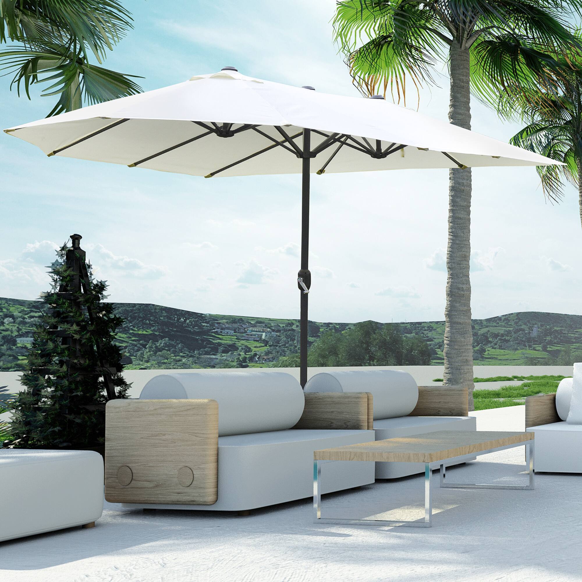 Angle. Outsunny - Large Patio Umbrella with Base Included, 15' Steel Rectangular Double Sided Outdoor Umbrella - Beige.