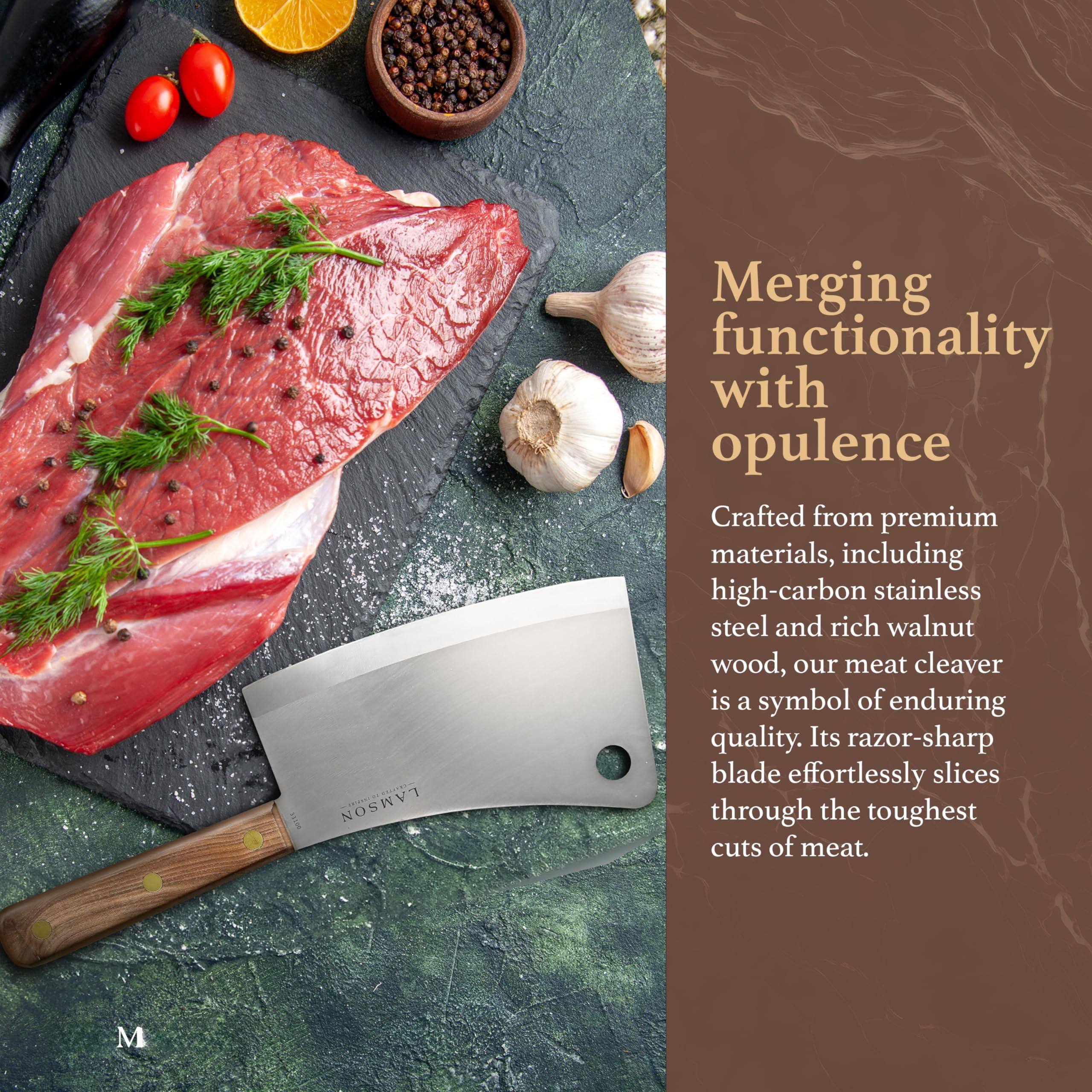 Merging functionality with opulence

Crafted from premium materials, including high-carbon stainless steel and rich walnut wood, our meat cleaver is a symbol of enduring quality. Its razor-sharp blade effortlessly slices through the toughest cuts of meat.