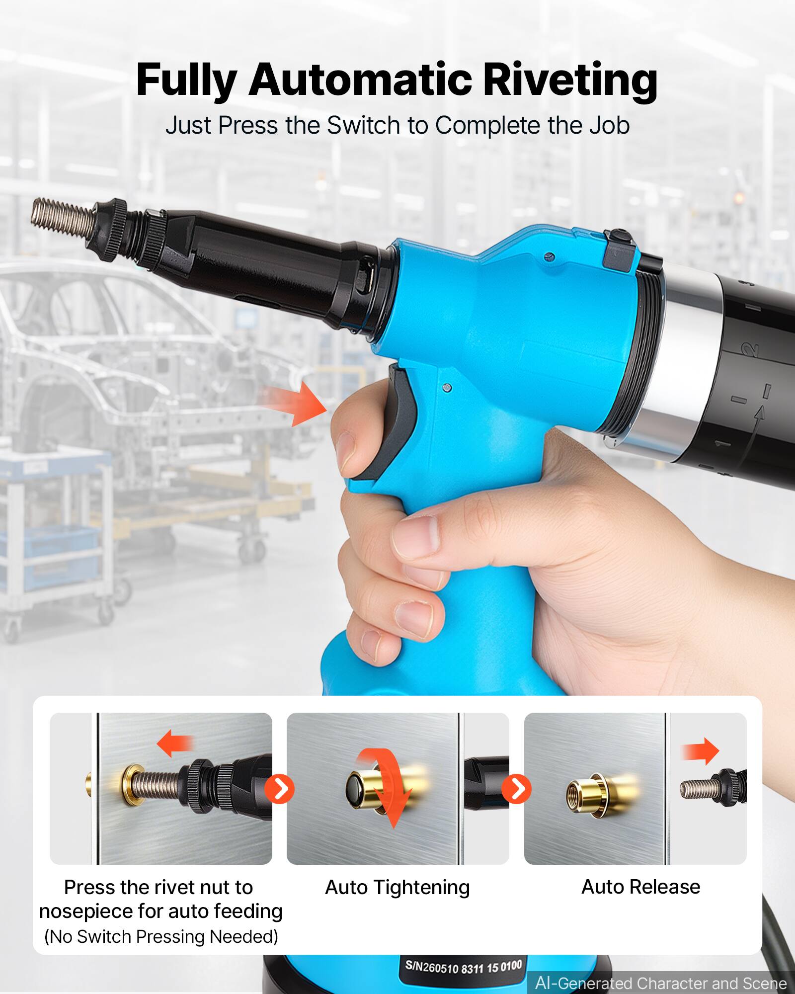 Fully Automatic Riveting  
Just Press the Switch to Complete the Job

Press the rivet nut to nosepiece for auto feeding (No Switch Pressing Needed)

Auto Tightening  
Auto Release

SIN260510 8311 15 0100  
AI-Generated Character and Scene