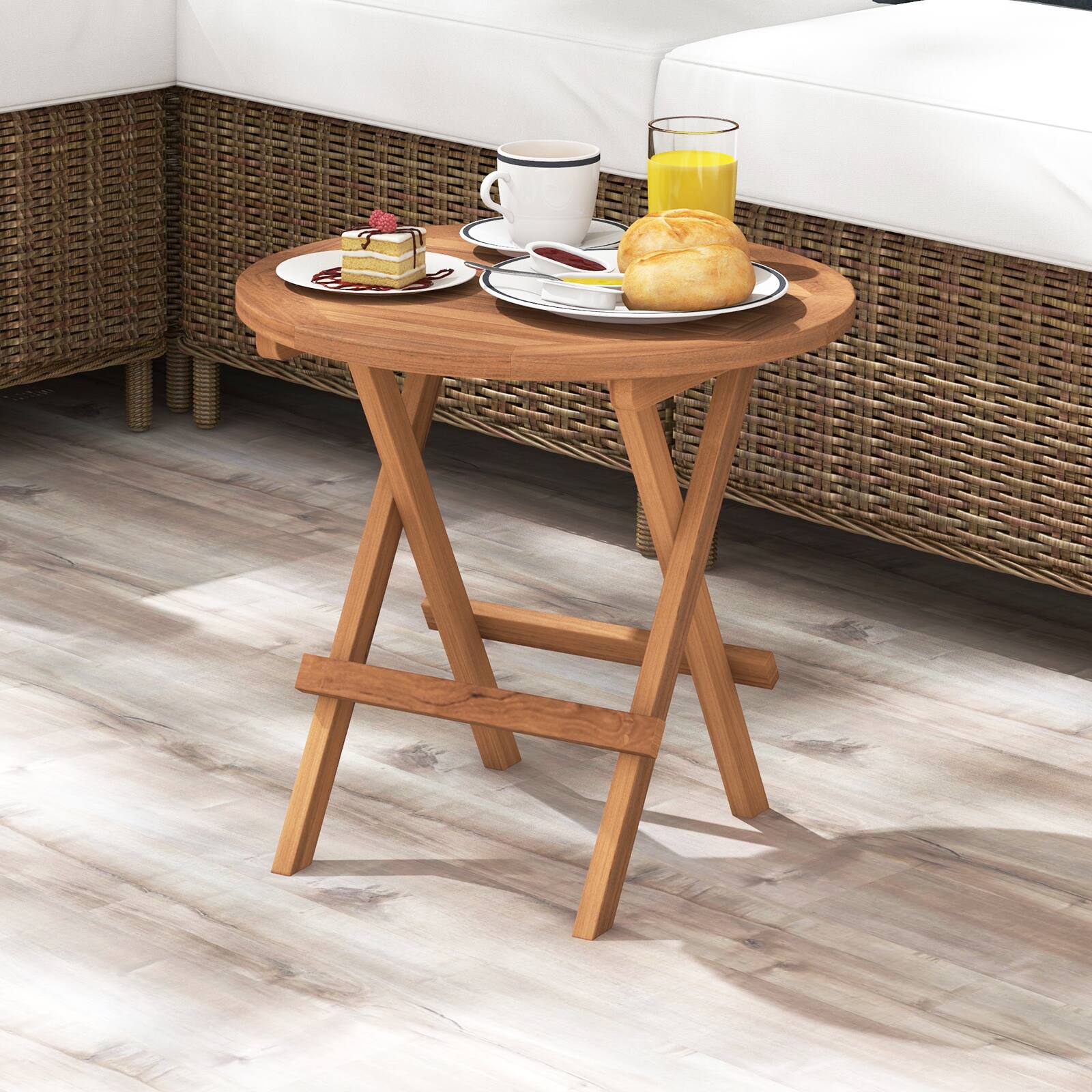 Alt View 1. Costway - Costway 1 PC Patio Folding Side Table Indonesia Teak Wood Round Slatted Tabletop Portable Camping - Natural.