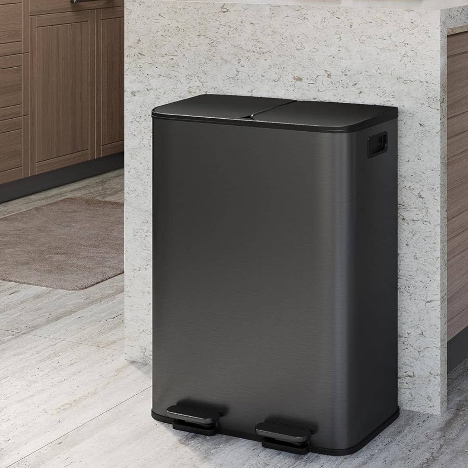 Qeetex - 2 x 10.6 Gal Stainless Steel Dual Compartment Gal Double Trash Can, Step-On Trash Can for Kitchen - Black