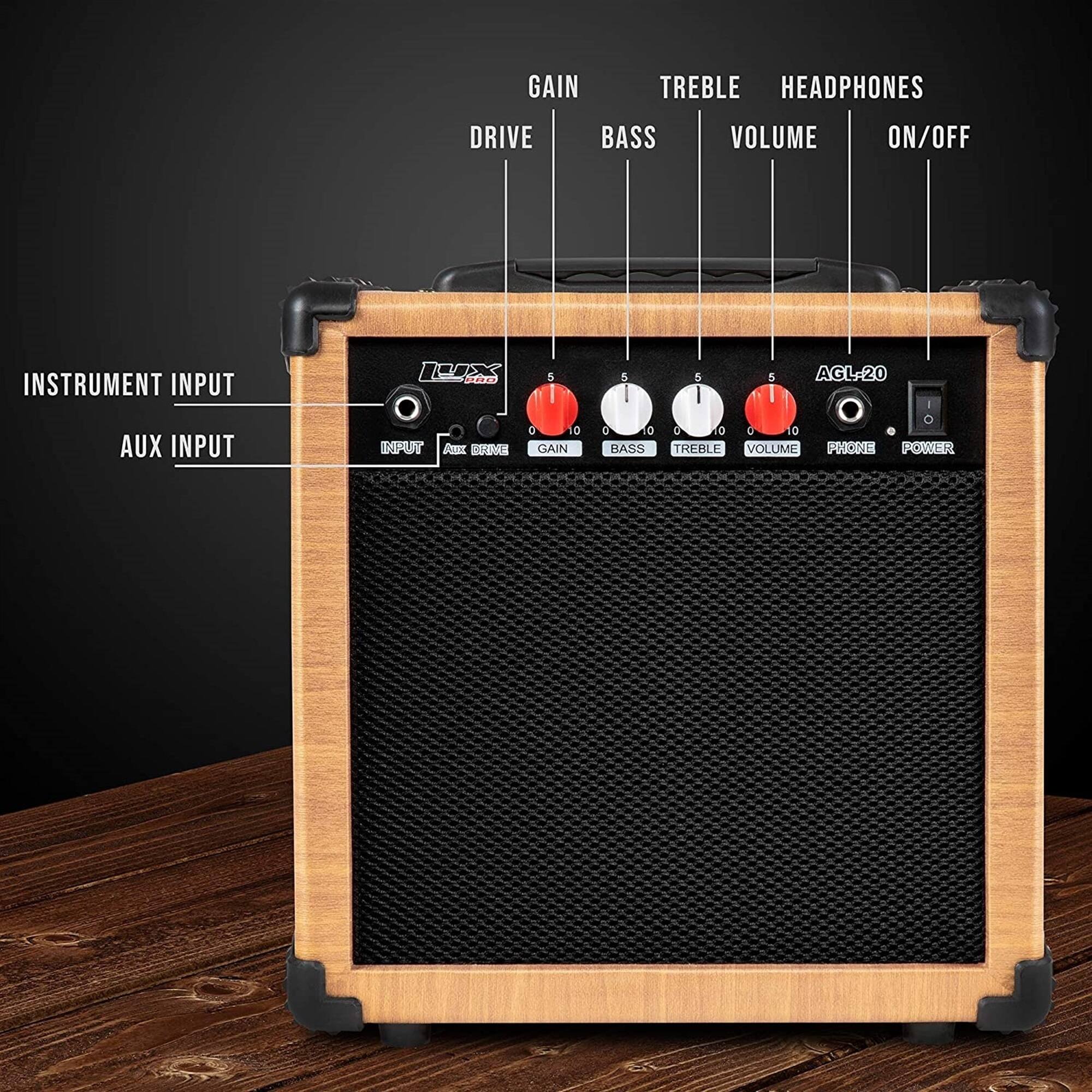 GAIN TREBLE HEADPHONES DRIVE BASS VOLUME ON/OFF INSTRUMENT INPUT AUX INPUT AGL-20