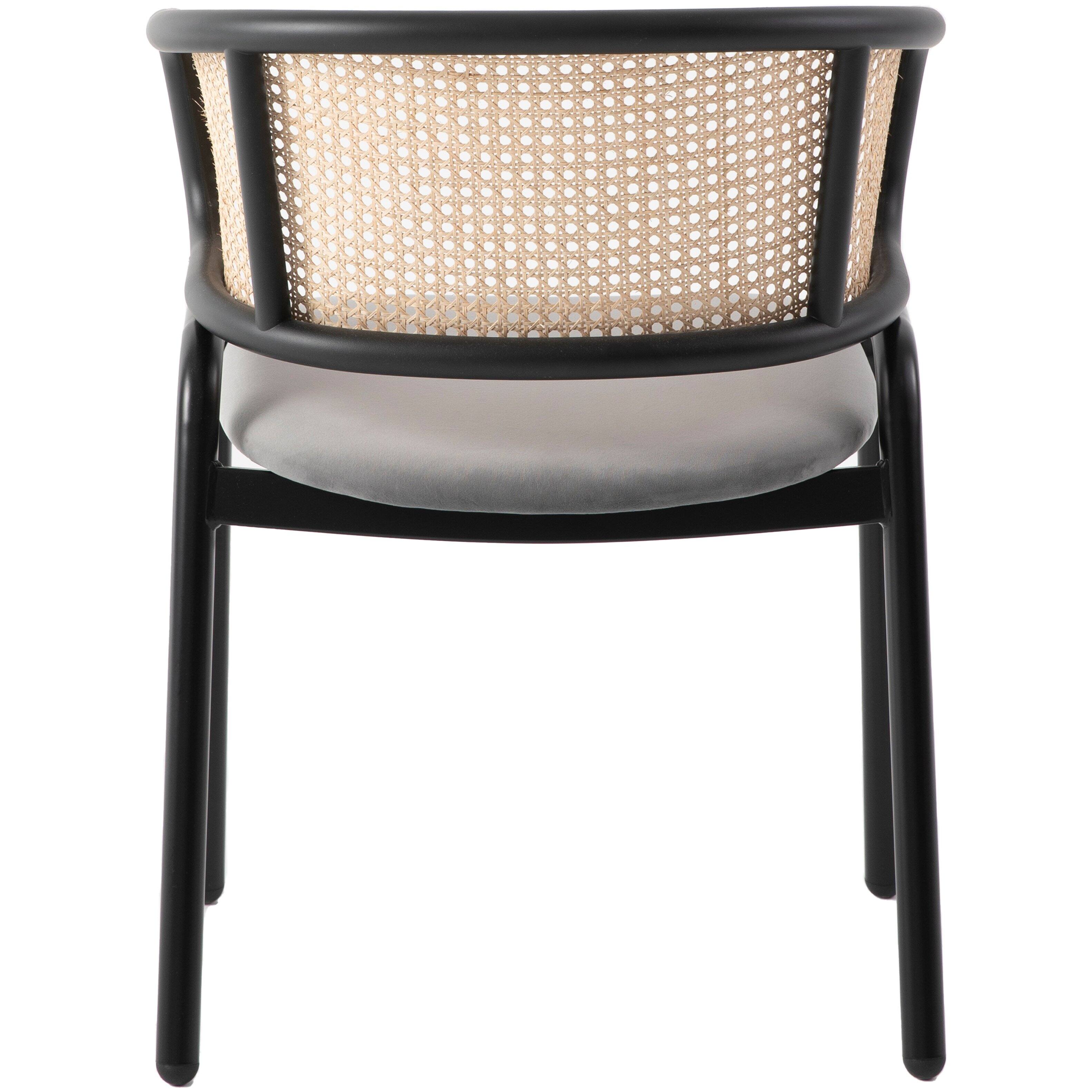 Alt View 2. LeisureMod - Ervilla Mid-Century Modern Dining Arm Chair, Velvet Upholstered Seat with Rattan Back & Metal Base - Navy Blue.