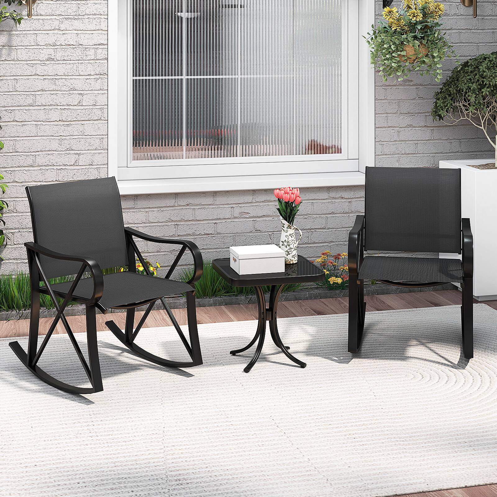 Alt View 4. Gymax - Gymax 3 Piece Patio Rocking Set 2 Rocking Chairs w/ Tempered Glass Side Table Black - Black.