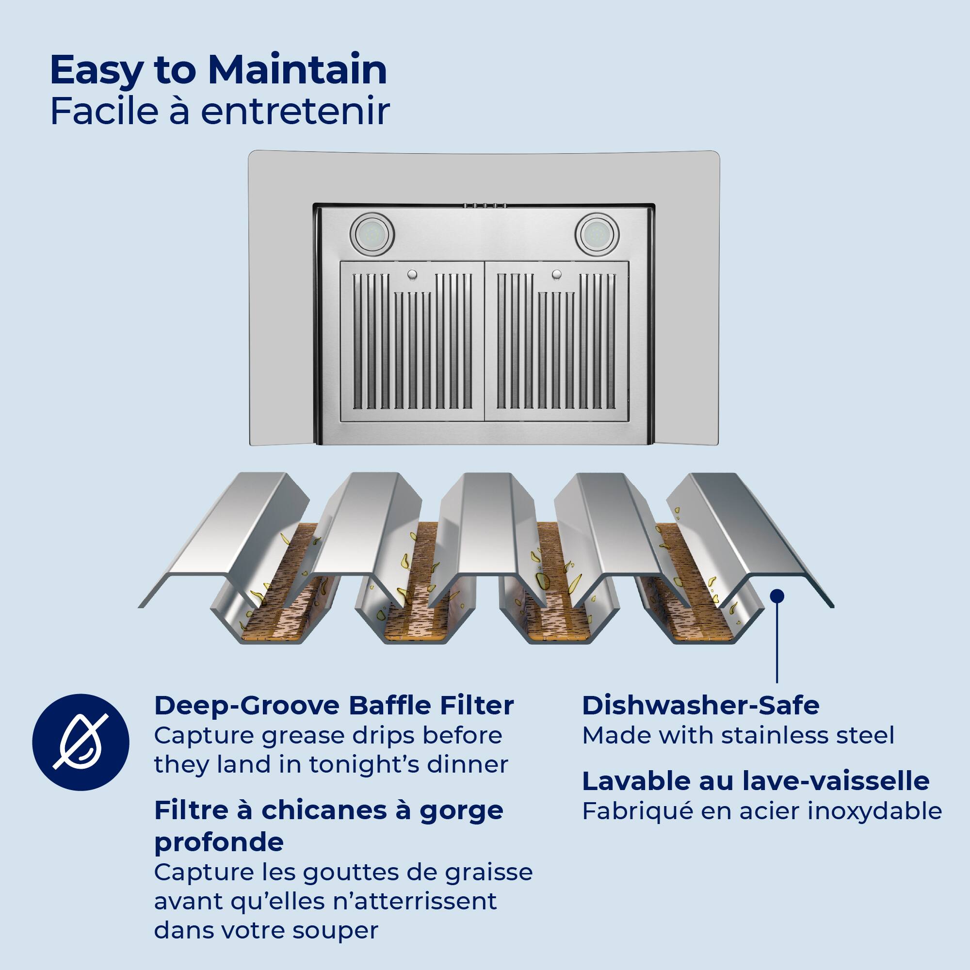 Easy to Maintain  
Facile à entretenir

Deep-Groove Baffle Filter  
Capture grease drips before they land in tonight's dinner  
Filtre à chicanes à gorge profonde  
Capture les gouttes de graisse avant qu'elles n'atterrissent dans votre souper

Dishwasher-Safe  
Made with stainless steel  
Lavable au lave-vaisselle  
Fabriqué en acier inoxydable