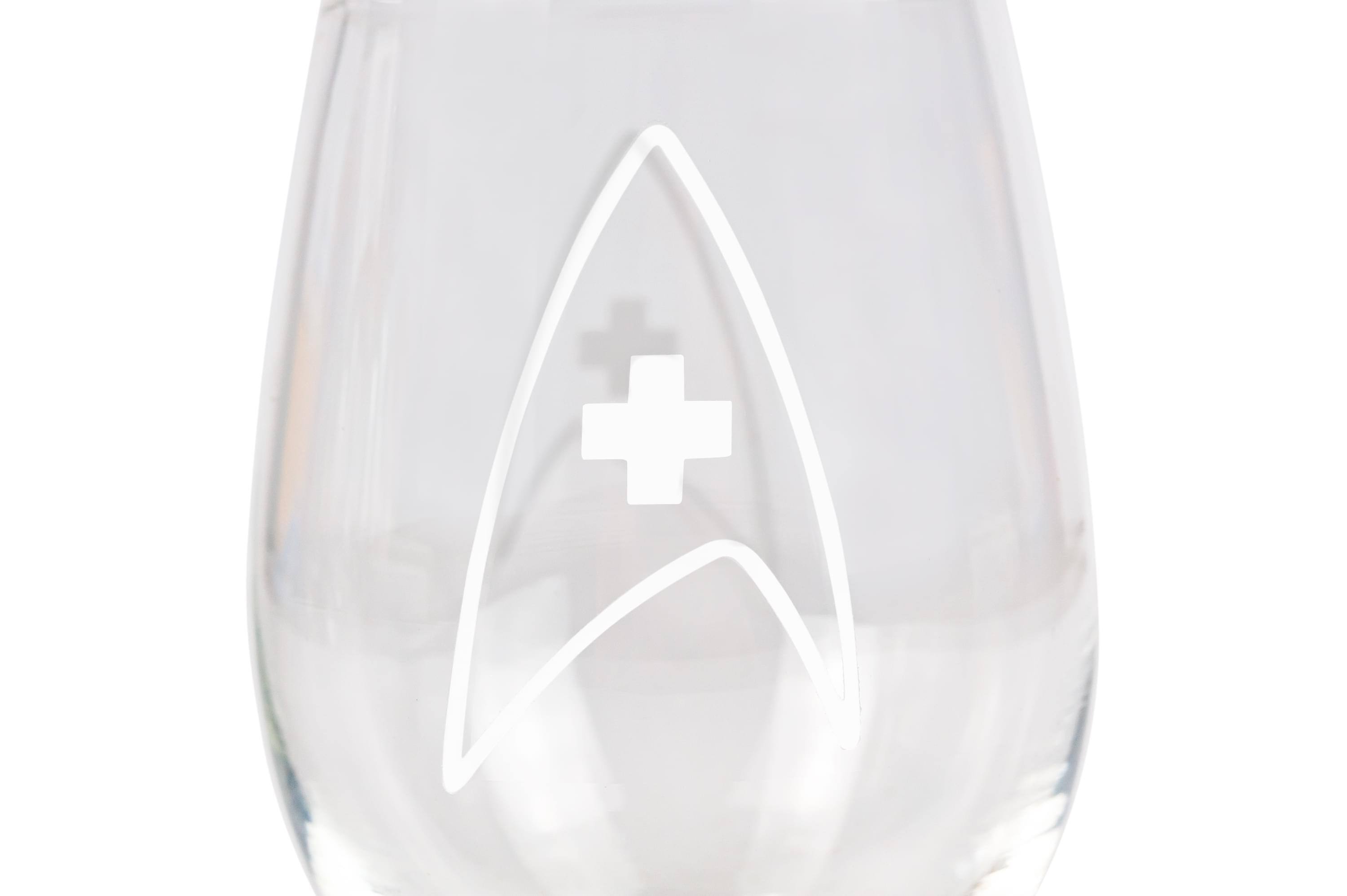 Alt View 1. Surreal Entertainment - Star Trek Stemless Wine Glass Decorative Etched Medical Emblem | Holds 20 Ounces - Clear.