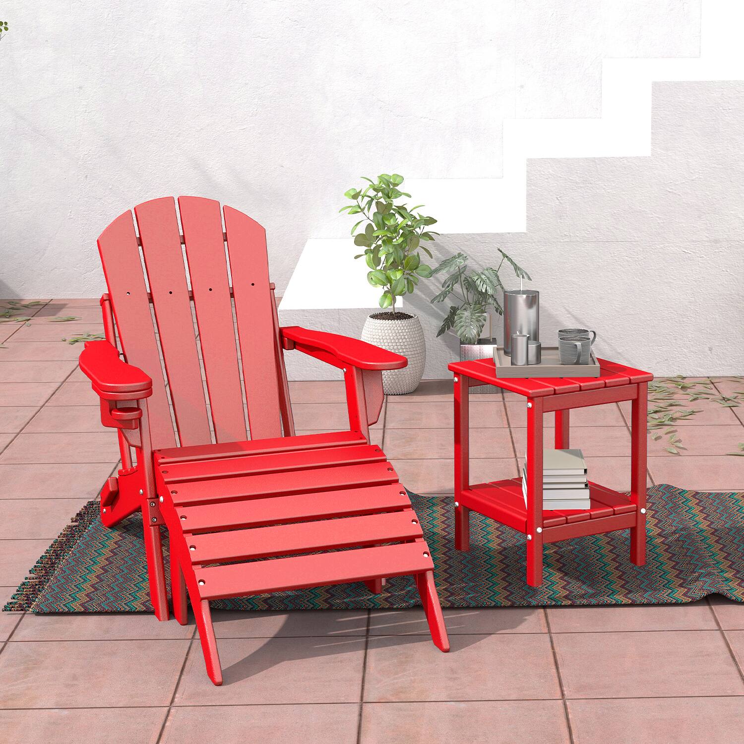 Alt View 2. FODINGHILL - Adirondack Outdoor Side Table Set of 2, 14x13 Inch, All-Weather HDPE Plastic for Patio & Porch - Red.