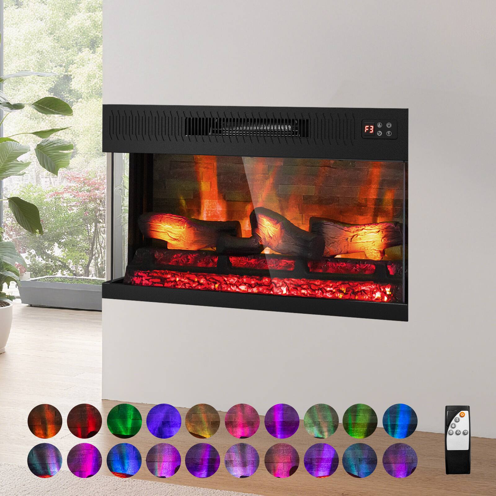 Alt View 5. Winado - 28"  Electric Fireplace Insert, 1-2-3 Sided View, Heater 1400W, Multi-color 20-color flame/Fake wood/heating wire - Black.