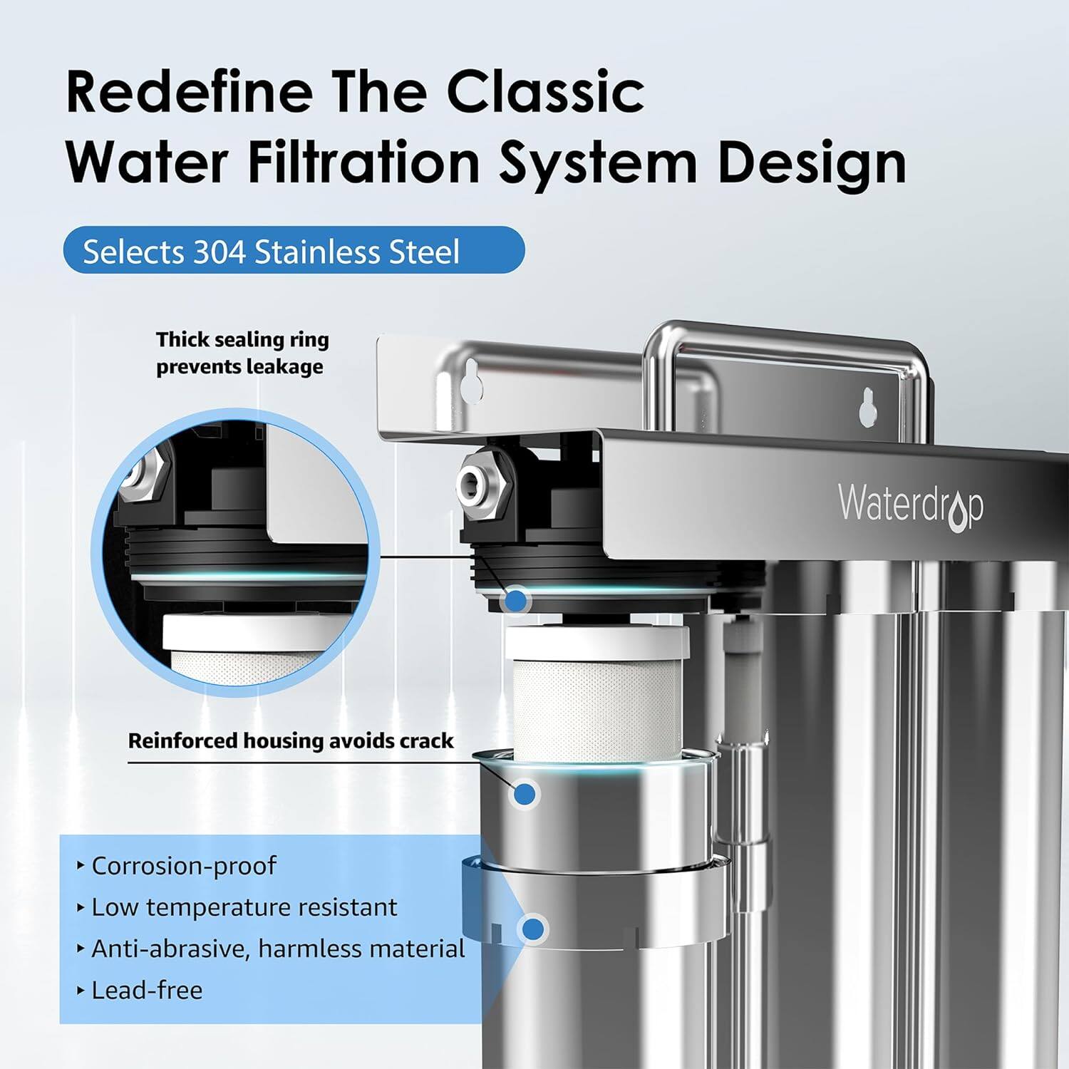 Redefine The Classic Water Filtration System Design

Selects 304 Stainless Steel

Thick sealing ring prevents leakage

Reinforced housing avoids crack

Corrosion-proof
Low temperature resistant
Anti-abrasive, harmless material
Lead-free