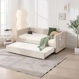 Trinkets Crazed - Twin Daybed with Pop Up Trundle, Velvet Upholstered Extendable Daybed with USB Ports & Pockets - beige