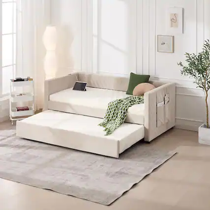 Front. Trinkets Crazed - Twin Daybed with Pop Up Trundle, Velvet Upholstered Extendable Daybed with USB Ports & Pockets - beige.