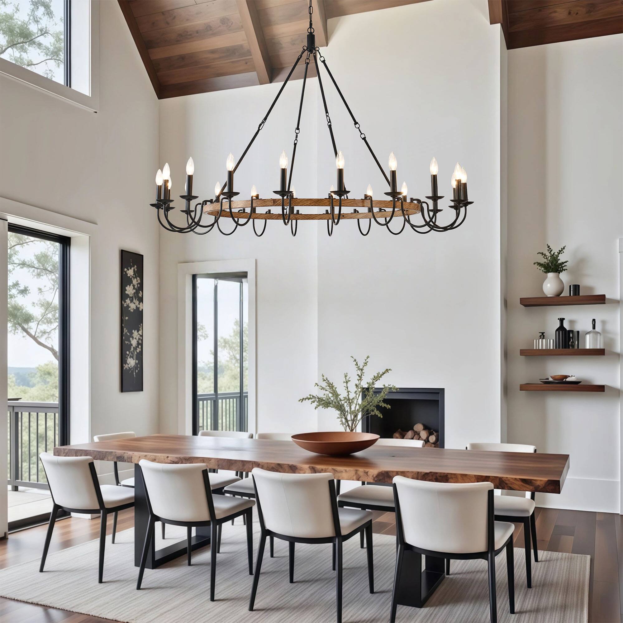 Angle. RYHNUYNE - BAOURE 20-Light Rustic Wagon Wheel Chandelier,Farmhouse Dining Room Light Fixture,Round Wood Chandelier for Living Room - Black.