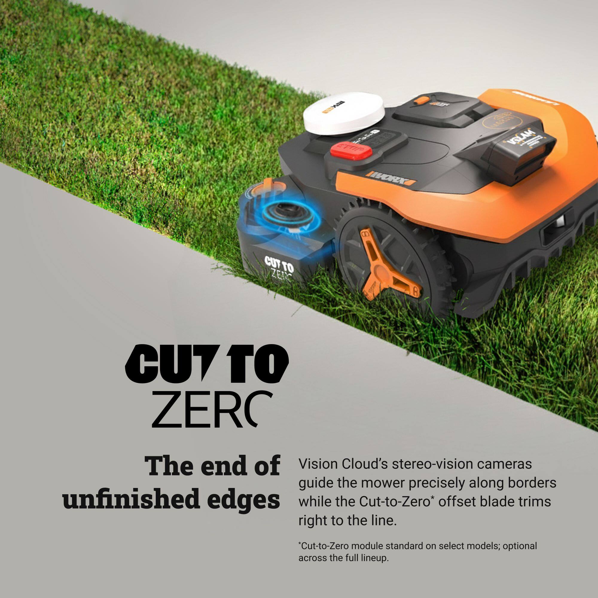 CUT TO ZERO

The end of unfinished edges

Vision Cloud's stereo-vision cameras guide the mower precisely along borders while the Cut-to-Zero* offset blade trims right to the line.

*Cut-to-Zero module standard on select models; optional across the full lineup.