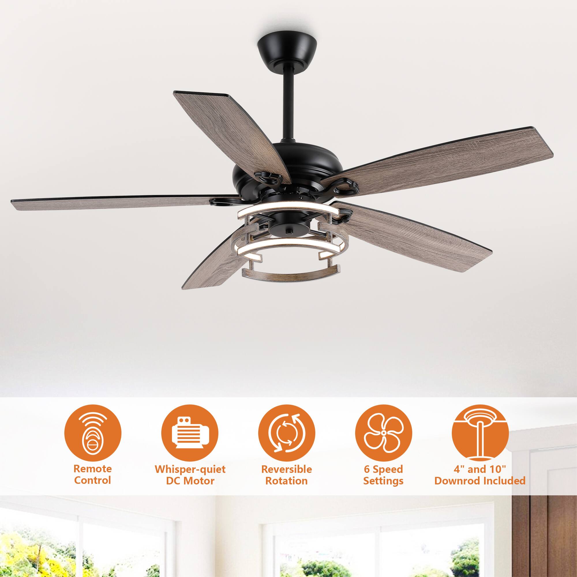 - Remote Control
- Whisper-quiet DC Motor
- Reversible Rotation
- 6 Speed Settings
- 4" and 10" Downrod Included