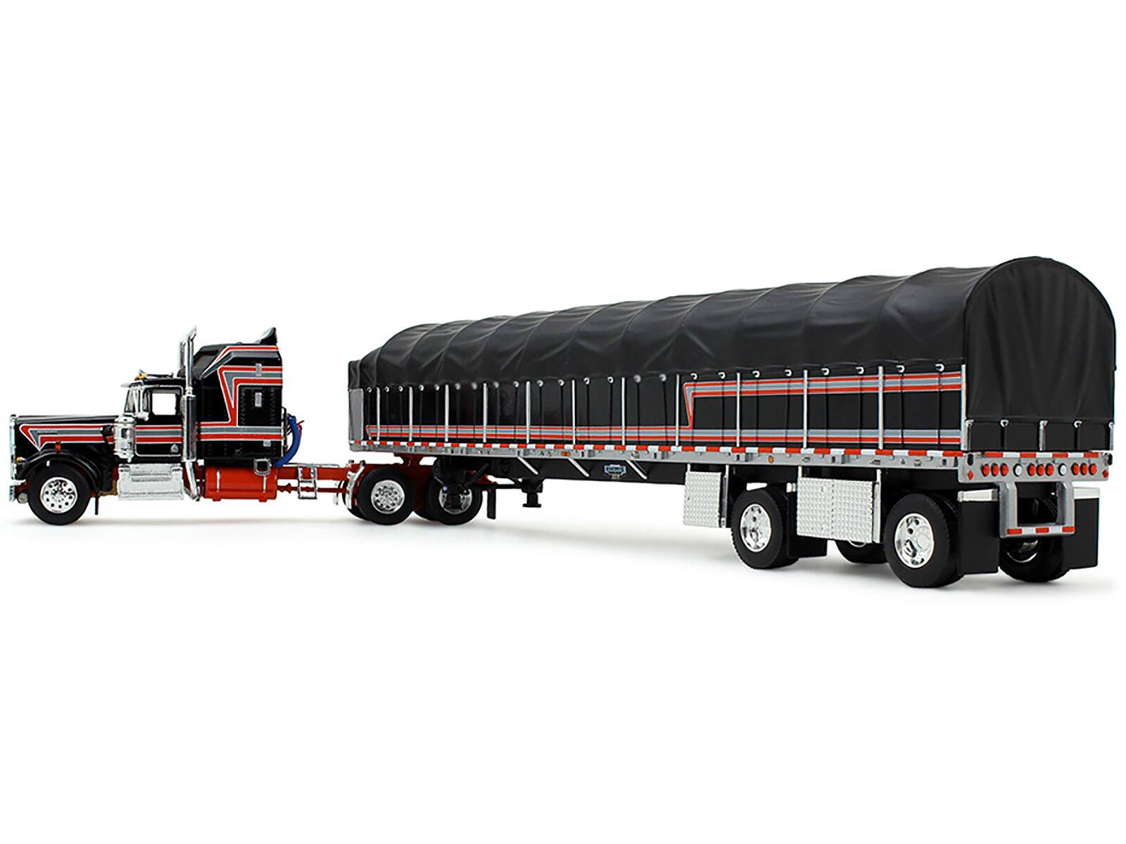 Alt View 3. First Gear - Kenworth W900A with 60" Aerodyne Sleeper and 53’ Wilson Flatbed with Wagon Black with Red 1/64 Model by DCP/First Gear.