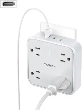 Front. TESSAN - TESSAN Wall Outlet Extender Surge Protector with USB-C - Grey.