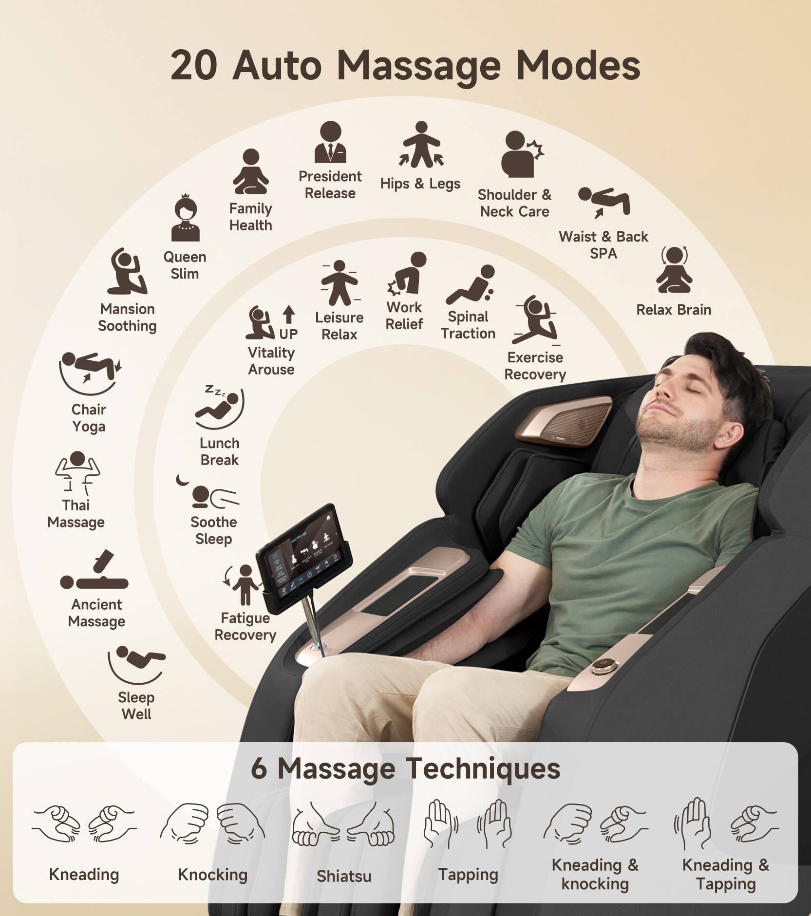 20 Auto Massage Modes

- President
- Hips & Legs
- Shoulder & Neck Care
- Waist & Back SPA
- Relax Brain
- Family Health
- Work Relief
- Spinal Traction
- Exercise Recovery
- Queen Slim
- Mansion Soothing
- Leisure Relax
- Chair Yoga
- Zzz: Lunch Break
- Thai Massage
- Soothe Sleep
- Ancient Massage
- Fatigue Recovery
- Sleep Well
- Vitality Arouse

6 Massage Techniques

- Kneading
- Knocking
- Shiatsu
- Tapping
- Kneading & Knocking
- Kneading & Tapping