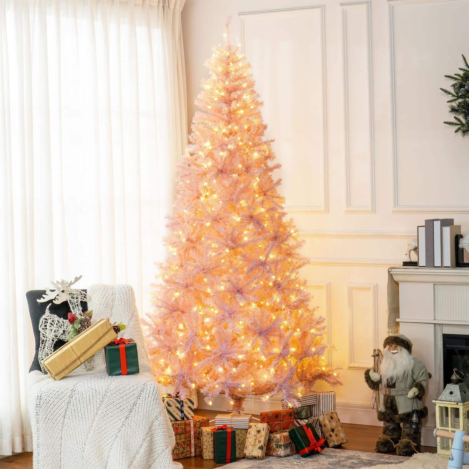 Pefilos - 7.5ft Tall Prelit Artificial Christmas Tree with 500 Warm White LED Lights and 1346 Tips - Pink