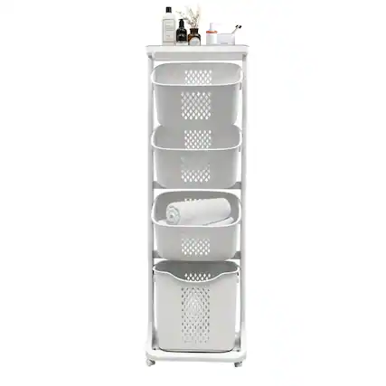 Front. ELEMENT ACE - 4-Tier Laundry Sorting Hamper with Wheels - Removable Baskets for Efficient Clothes Organization - White.