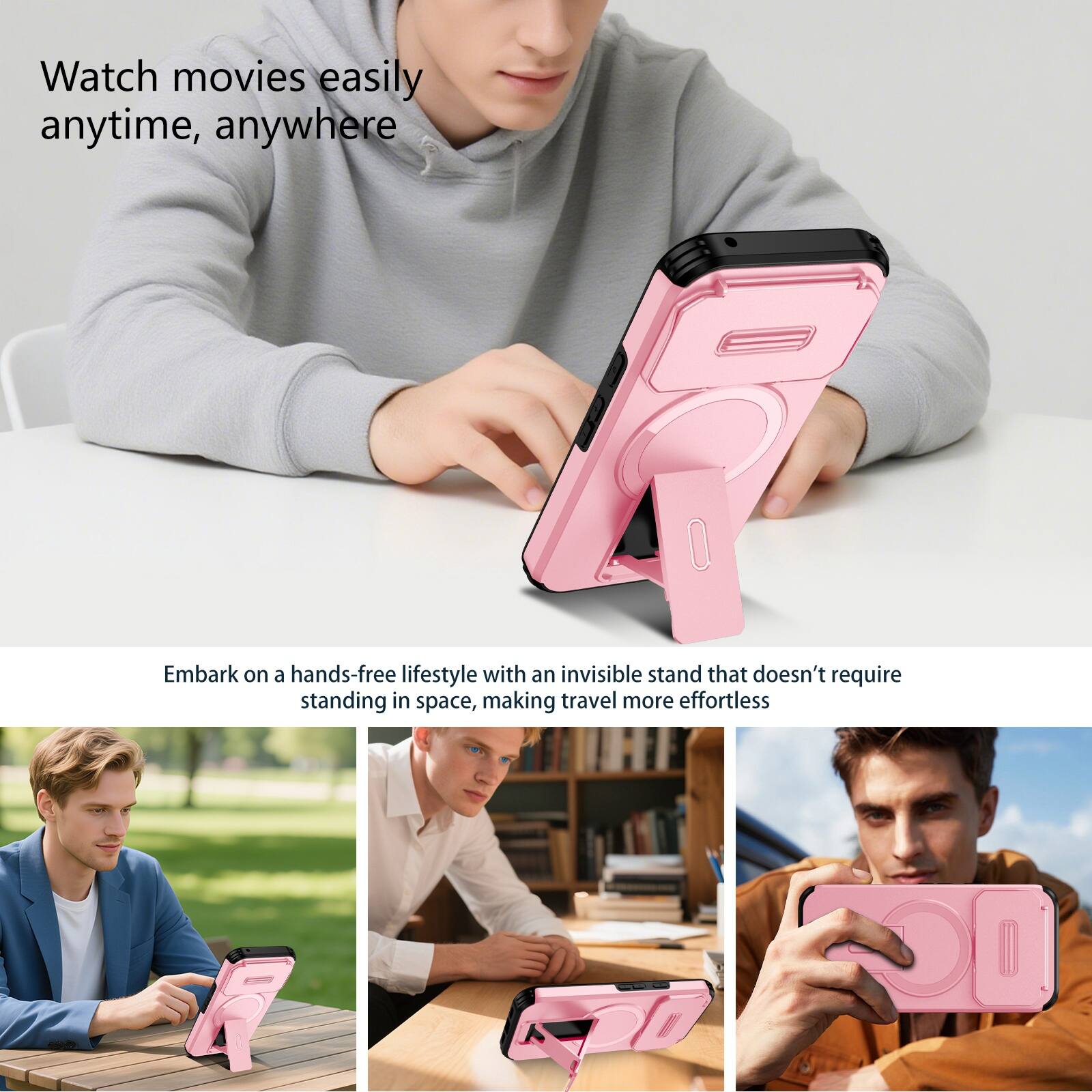 Watch movies easily anytime, anywhere

Embark on a hands-free lifestyle with an invisible stand that doesn't require standing in space, making travel more effortless