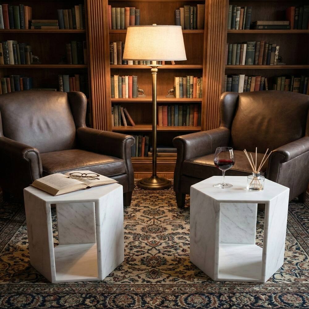 Alt View 2. Loheer - Loheer White Marble Side Table Hexagon Accent Table Stone Pedestal Table Matte Minimalist Drink Table for Living Room - White.