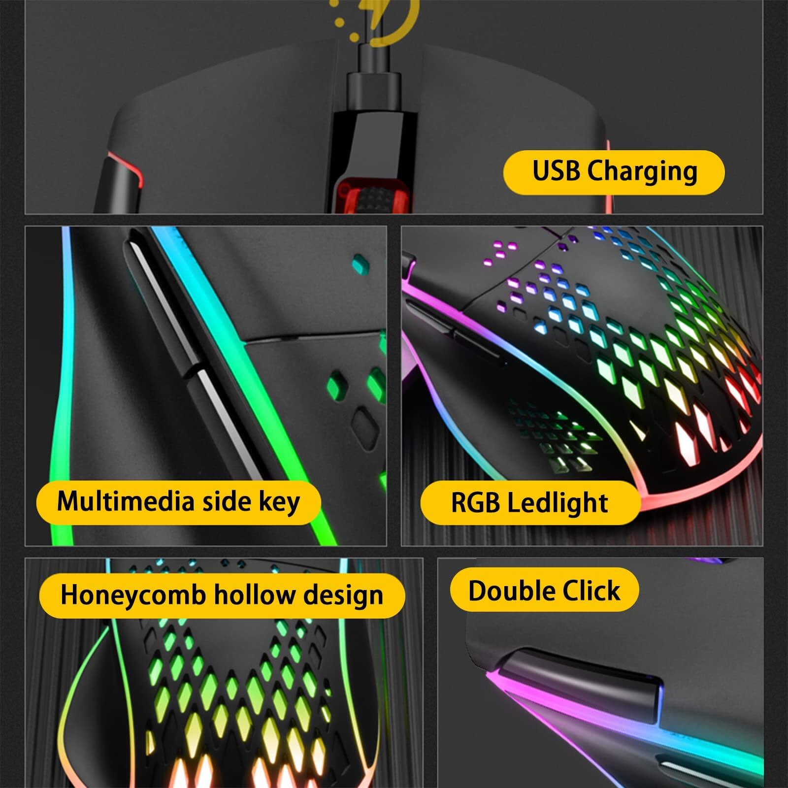 - USB Charging
- Multimedia side key
- RGB Ledlight
- Honeycomb hollow design
- Double Click