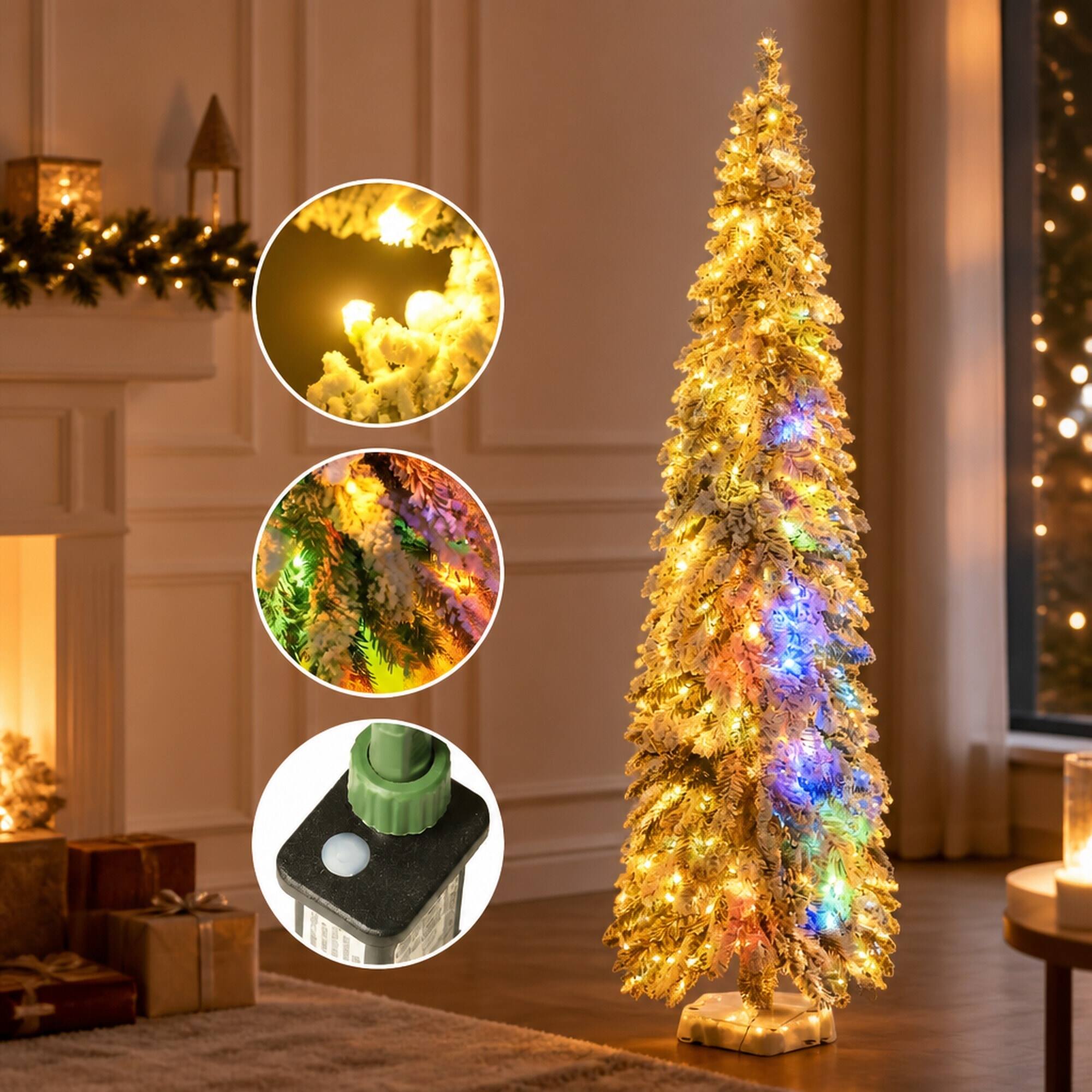 Alt View 4. RYHNUYNE - Pre-Lit Slim Flocked Christmas Tree With Warm White or Colorful LED Lights and Snow Frosted Branches - Green.