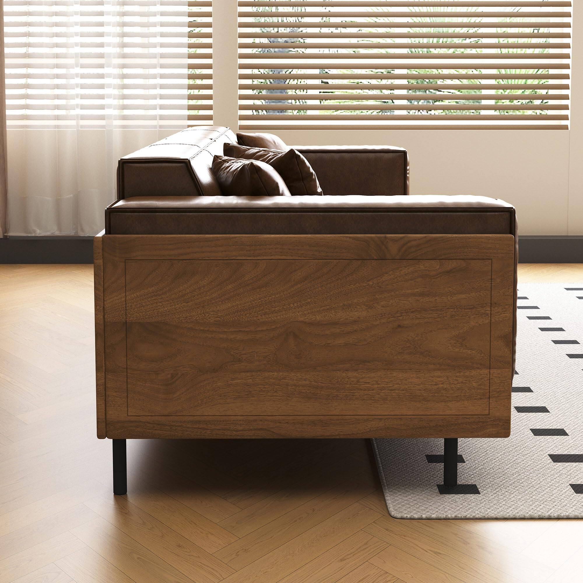 Alt View 9. luck idea - Mid-century Modern Leather Sofa With Wooden Accents, 4-seater Living Room Couch With 3 Throw Pillows - Brown.