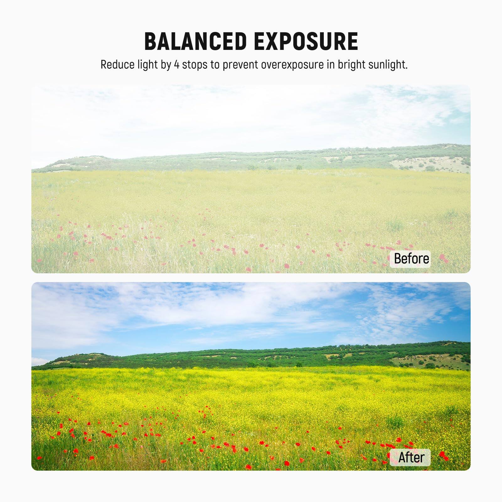 BALANCED EXPOSURE

Reduce light by 4 stops to prevent overexposure in bright sunlight.

Before

After
