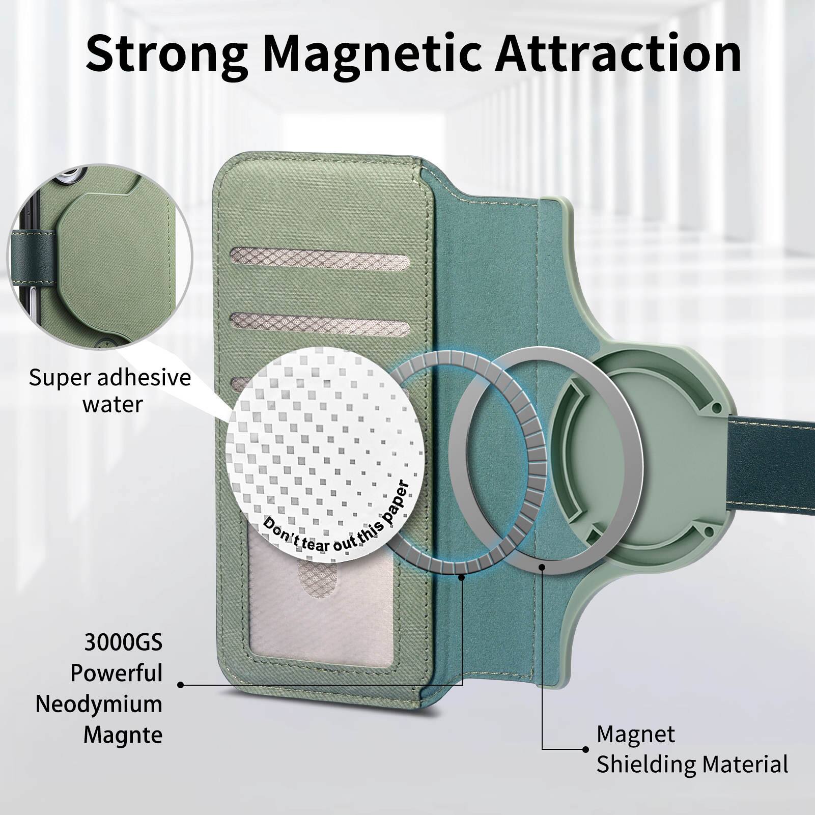 Strong Magnetic Attraction  
Super adhesive water paper  
Don't tear out this paper  
3000GS Powerful Neodymium Magnet  
Magnet Shielding Material