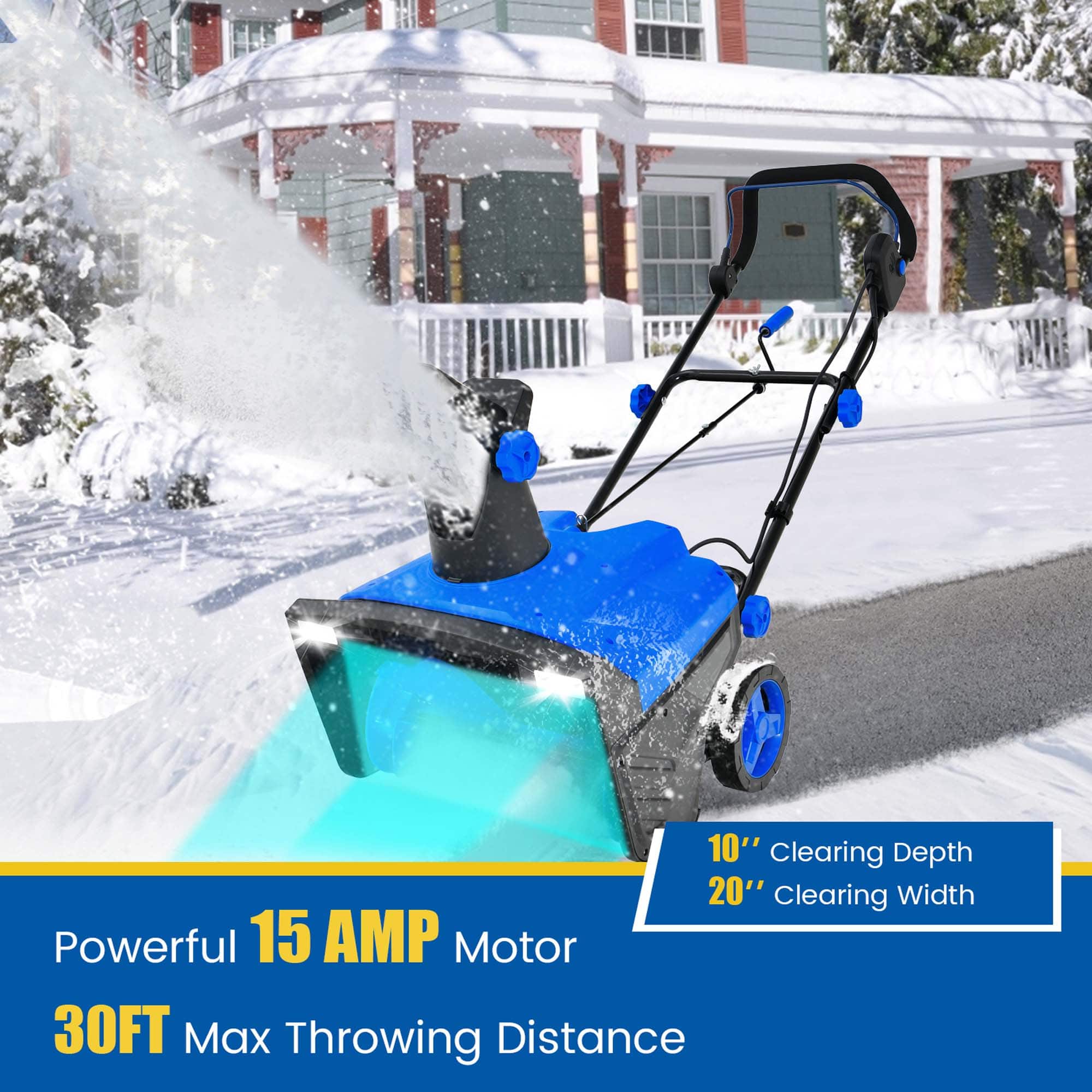 The text on the image reads: "10" Clearing Depth 20" Clearing Width Powerful 15 AMP Motor 30FT Max Throwing Distance."