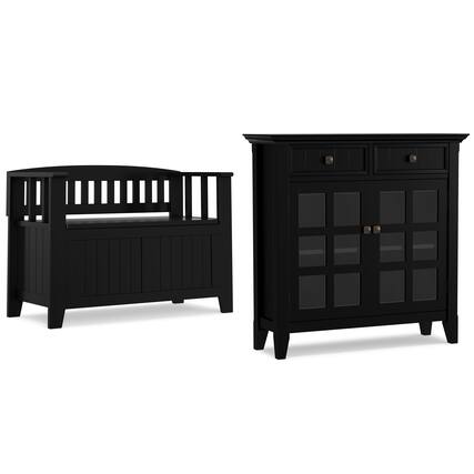 Front. Simpli Home - Acadian Solid Wood 36 inch Wide Small Storage Bench and 36 inch Wide Storage Cabinet in Black - Black.