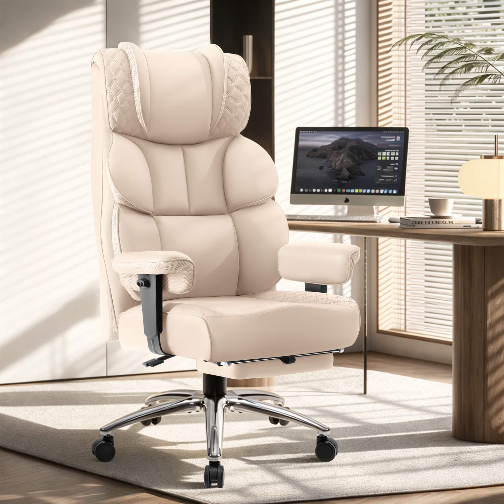 Front. KERDOM - Large PU Leather Office Chair with Footrest, Ergonomic Wide Seat Comfy Executive High Back Reclining Desk Gaming Chair - White.