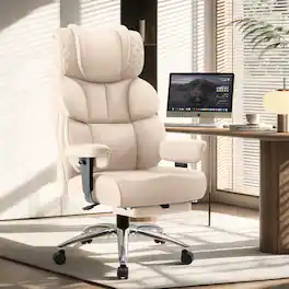 KERDOM - Large PU Leather Office Chair with Footrest, Ergonomic Wide Seat Comfy Executive High Back Reclining Desk Gaming Chair - White