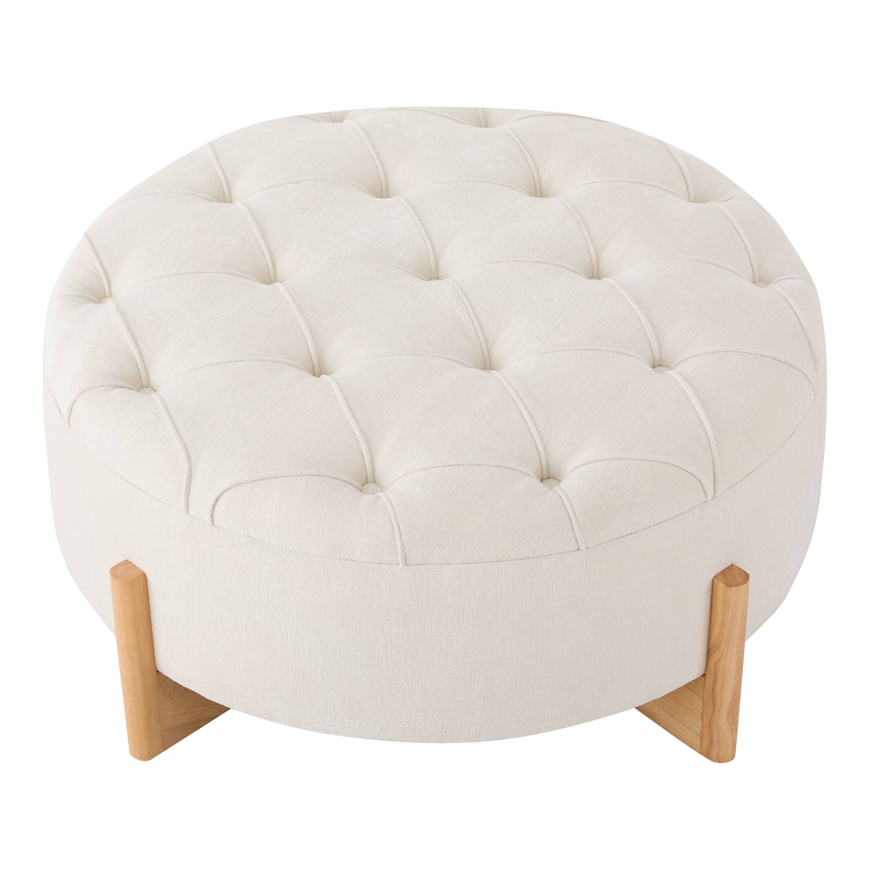 Left. Whisen - 32" Round Tufted Ottoman Coffee Table Chenille Fabric Footrest for Living Room - Beige.