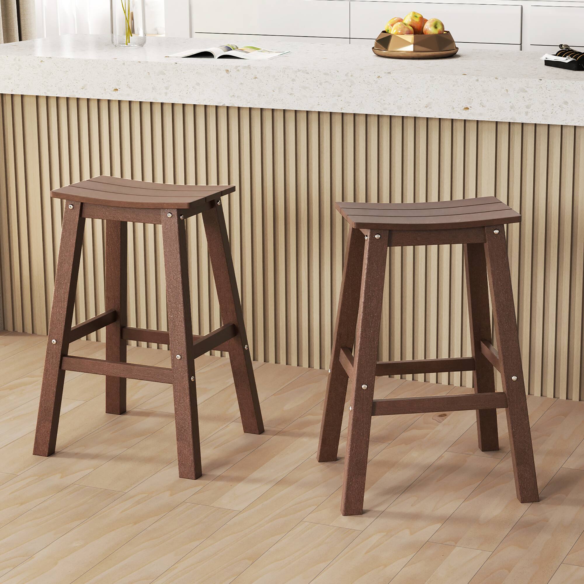 Alt View 1. Gymax - Gymax 29'' Patio Bar Stool Set of 2 w/ Curved Seat & Footrests for Backyard Outdoor Brown - Brown.