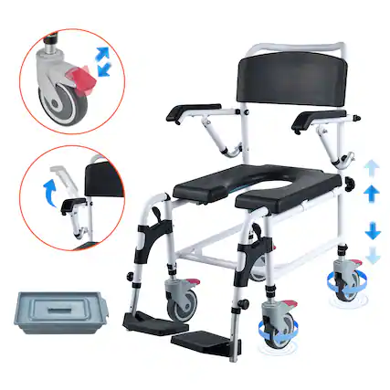 Front. VEVOR - Shower Commode Wheelchair with 4 Lockable Wheels, Footrests, Flip-up Arms, 3-Level Adjustable Height - White.