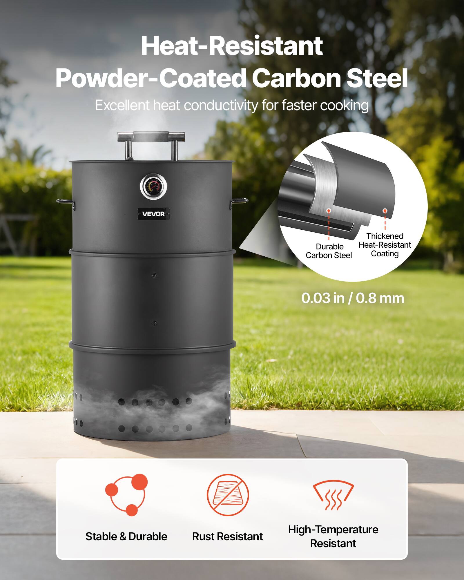 Heat-Resistant Powder-Coated Carbon Steel  
Excellent heat conductivity for faster cooking  

VEVOR  
Thickened Durable Heat-Resistant Carbon Steel Coating  
0.03 in / 0.8 mm  

Stable & Durable  
Rust Resistant  
High-Temperature Resistant