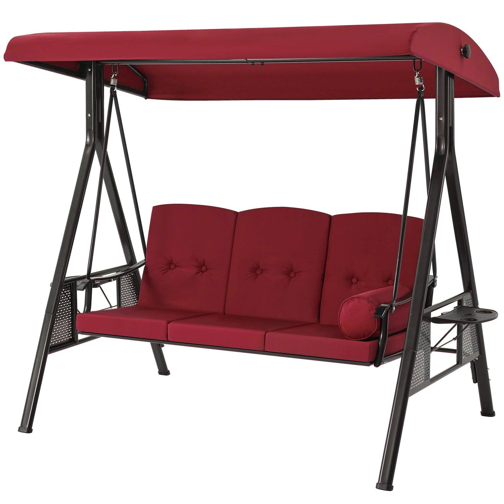 Boyel Living - 3 Person Metal Patio Swing with Removable Cushion and Cup Holder Outdoor Porch Swing Chair - Red