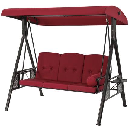 Front. Boyel Living - 3 Person Metal Patio Swing with Removable Cushion and Cup Holder Outdoor Porch Swing Chair - Red.